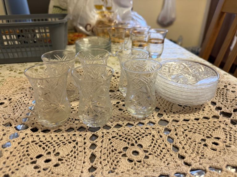 Lovely Patterned Glass Tea Glasses and Small Bowls Set