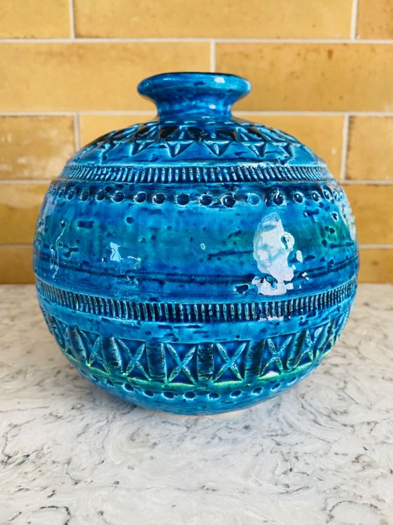 Bitossi Rimini Blue Ball Globe Round Vase Vintage Aldo Londi Italy Mid Century 