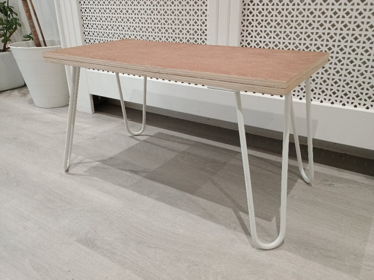 Plywood Coffee/ Side Table With White Hairpin Legs Vintage Industrial Style 
