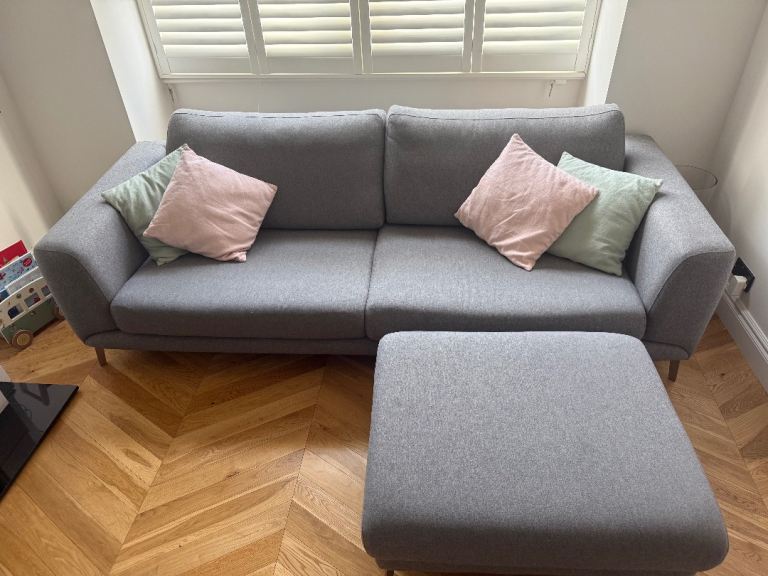 BoConcept Fargo Sofa & Matching Footstool – Light Grey Lux Felt Fabric