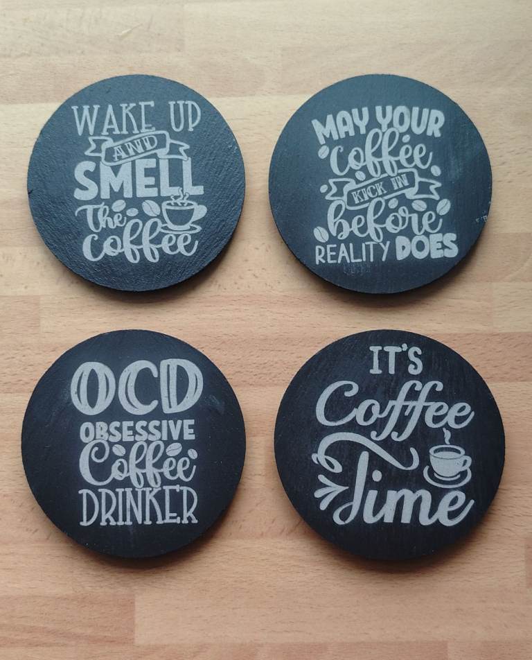 Slate coffee slogan coasters