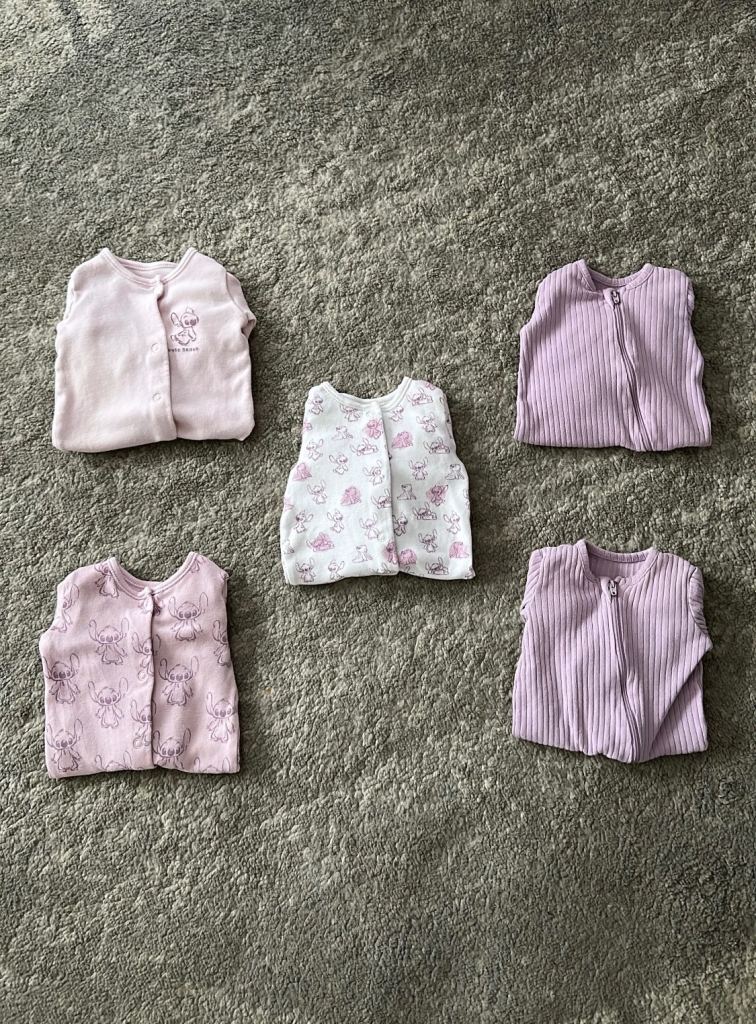 Baby Girl Sleepsuits/Bodysuits - Pink/Purple, Good Condition