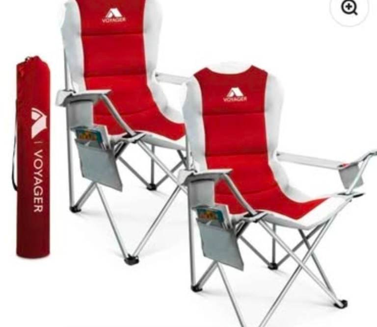 A new still boxed set of 2 nice Padded Camping Chairs in black and grey with cup holder and sto.