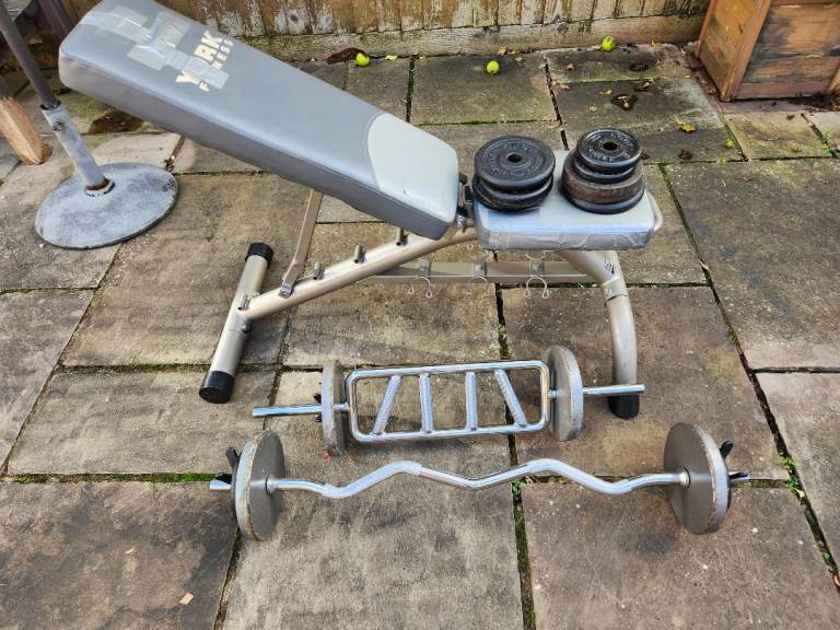 York Fitness Weight Bench, Dumbbells, and Barbells Set