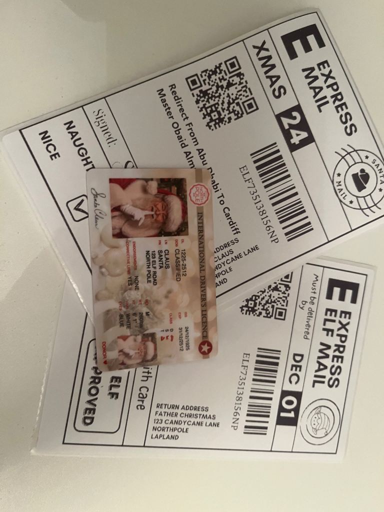 Personalised Santa Shipping Labels, Santa Claus Drivers Licence & Elf Shipping Label