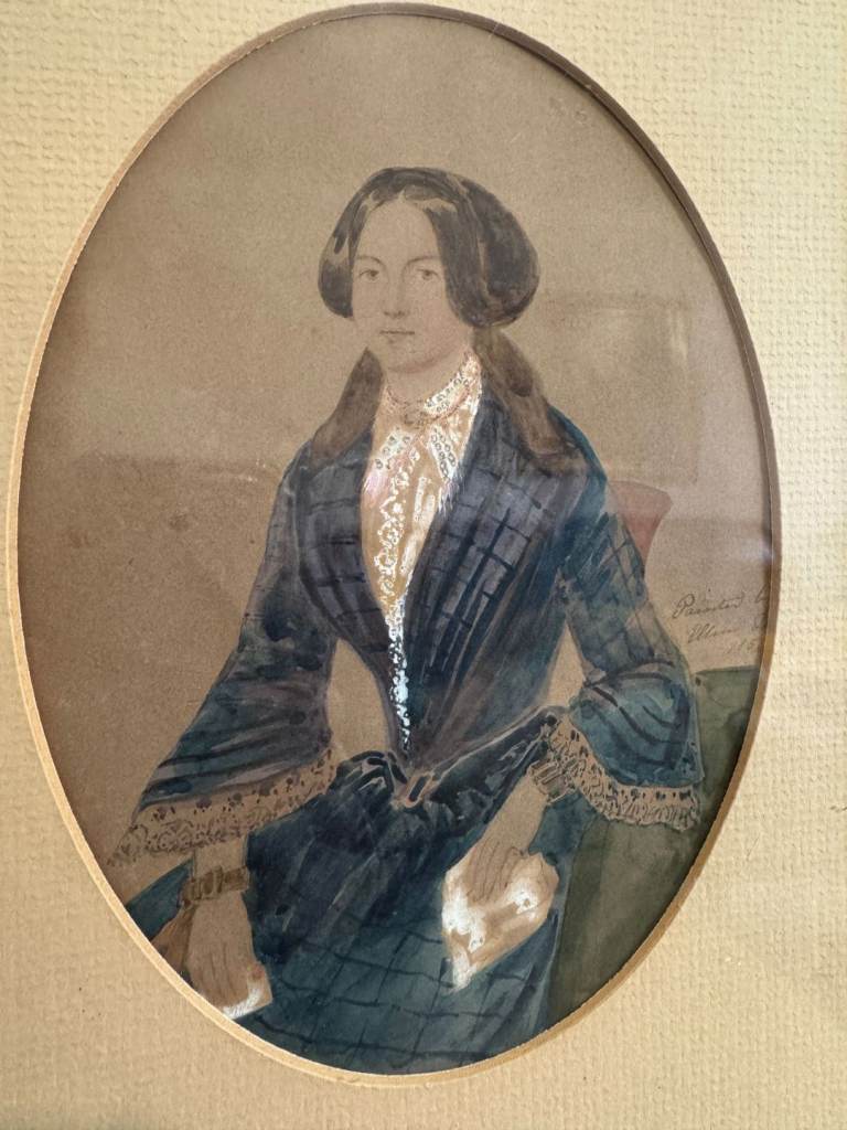 Antique French pencil and water colour painting with frame