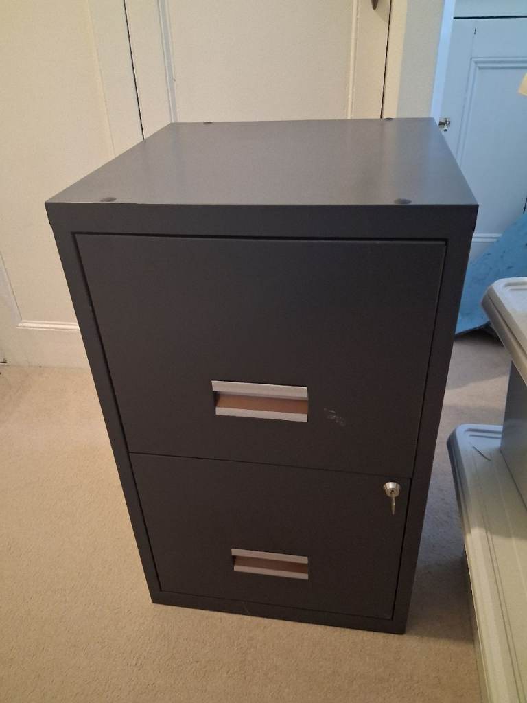Grey Metal Filing Cabinet with 2 Drawers and Key