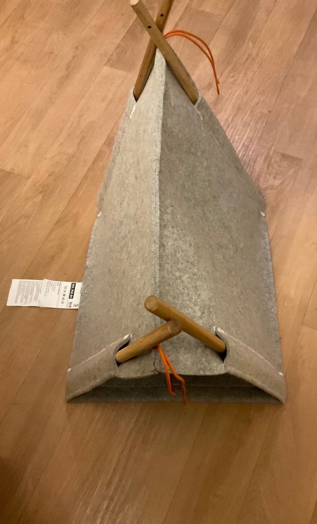 IKEA Utsadd cat house and L shaped layered cardboard cat scratching post