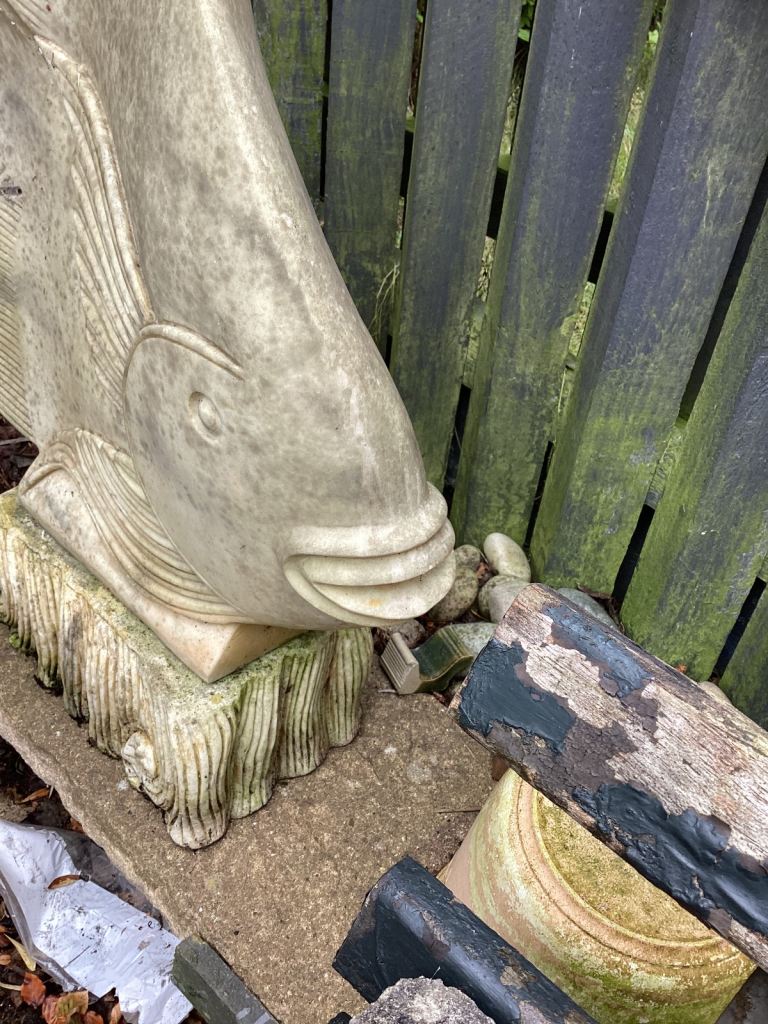 CRUSHED MARBLE FISH GARDEN STATUE , EXTREMELY HEAVY 