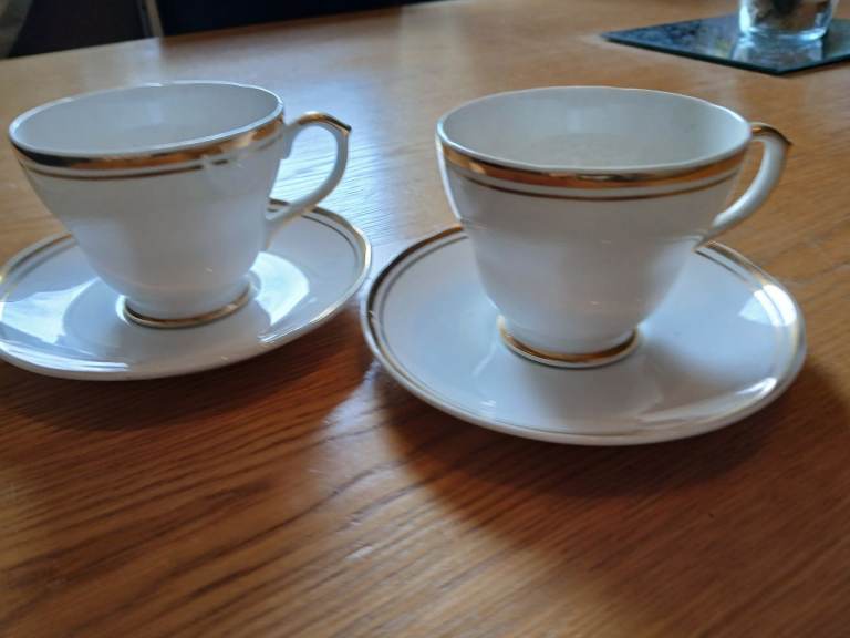 Sheriden Fine Bone China Teacups and Saucers - White with Gold Trim