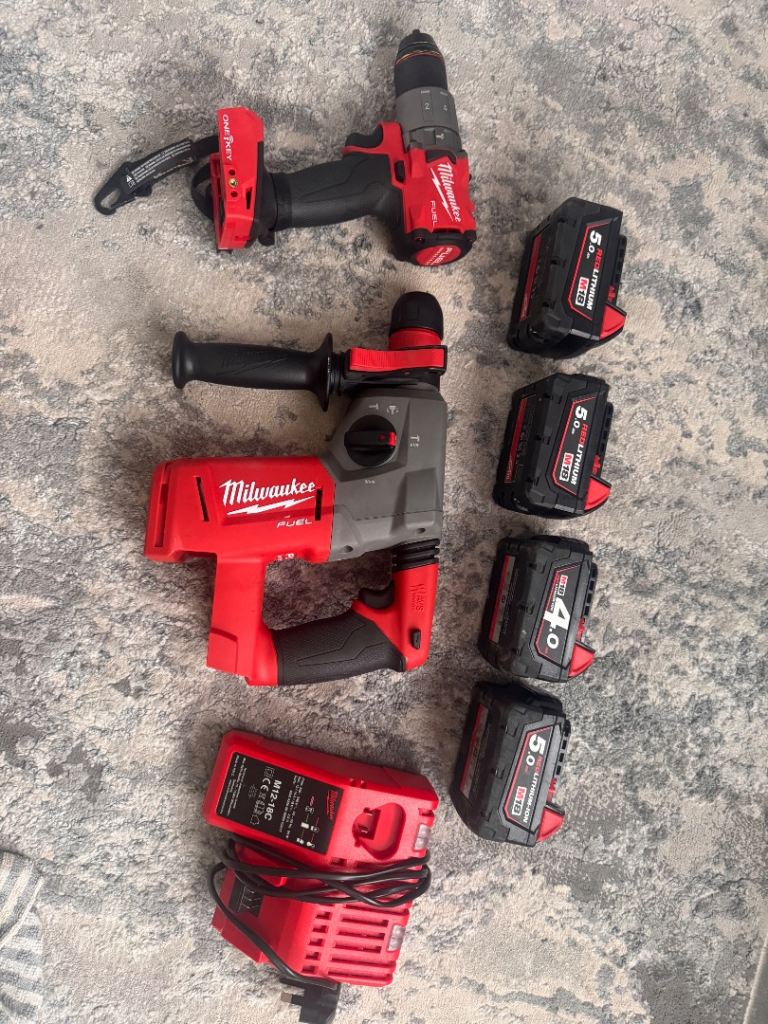 Milwaukee FUEL 18V SDS Drill Set with 4 Batteries and Charger