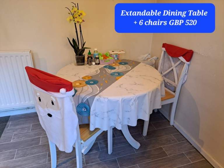 Extendable Dining Table with 6 Chairs – White Wood