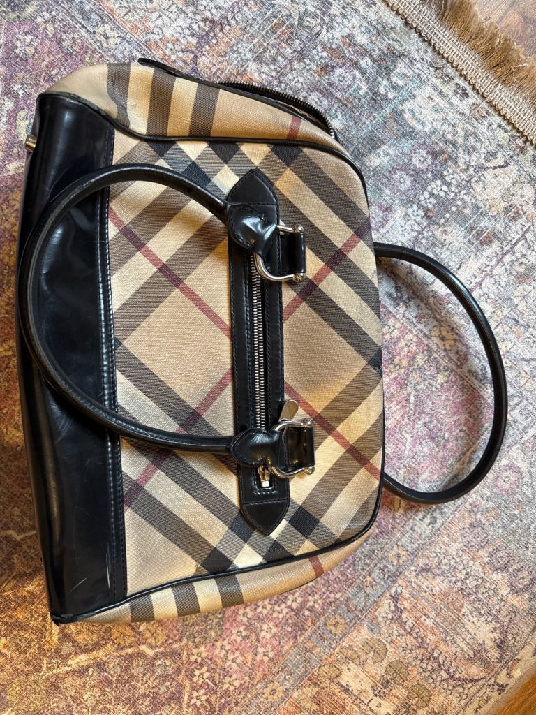 image for Burberry House Check Boston Bag with Black Patent Trim