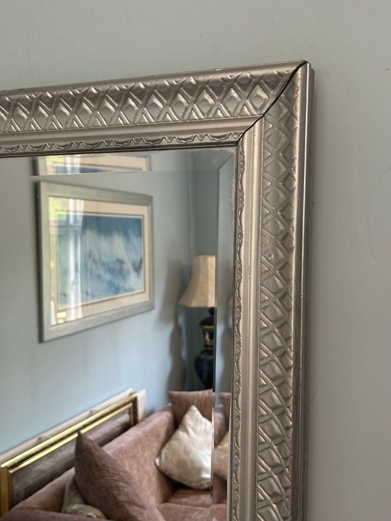 Vintage Silver Bevelled Mirror Detailed Design - Large  H28in/71cm W40iin/102cm Good condition  C419