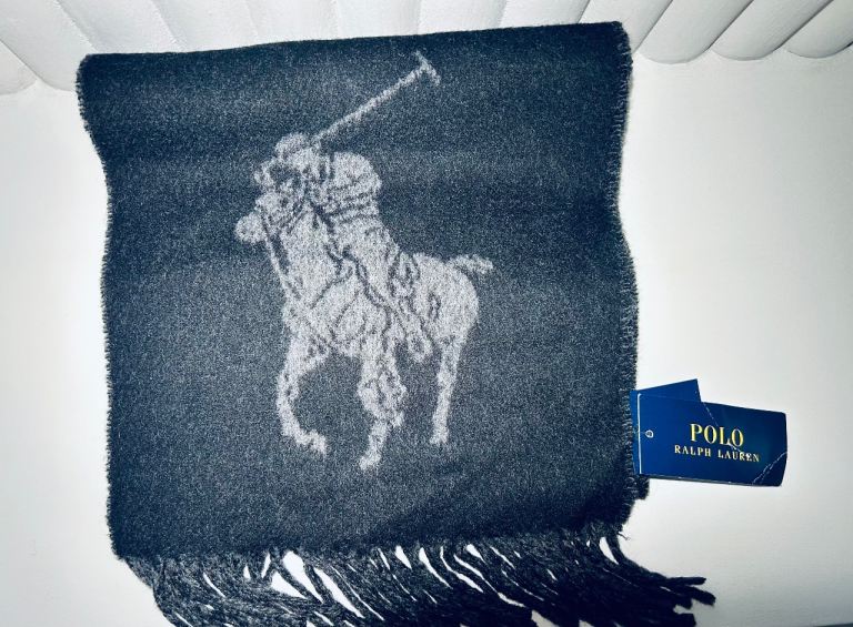 New Polo Ralph Lauren Wool Scarf - Black/Dark Grey Reversable  