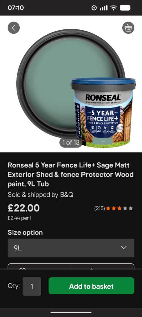 Ronseal 5 year Fence Life Plus exterior paint in Sage colour, 9L