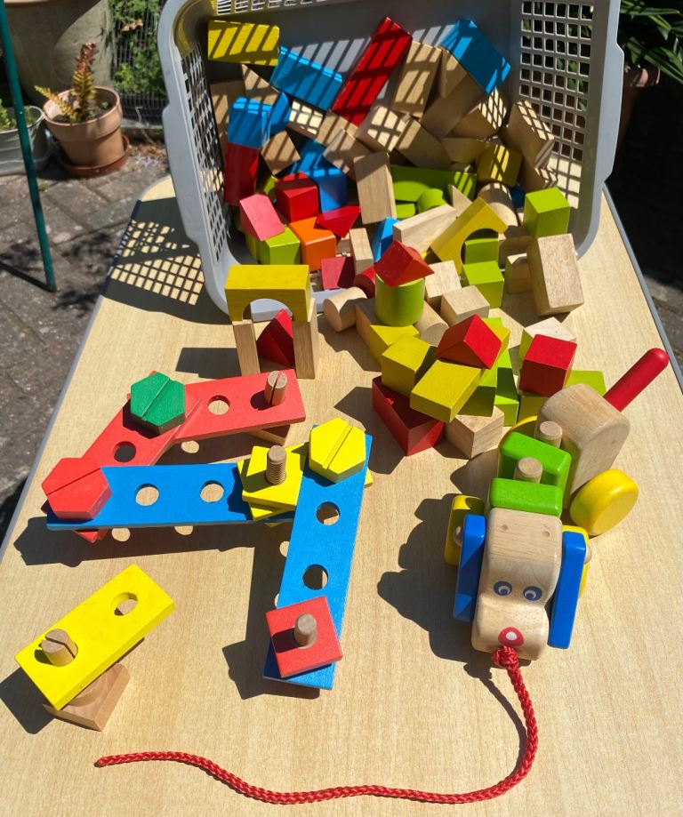 Wooden Building Blocks & Toy Dog – Good Condition