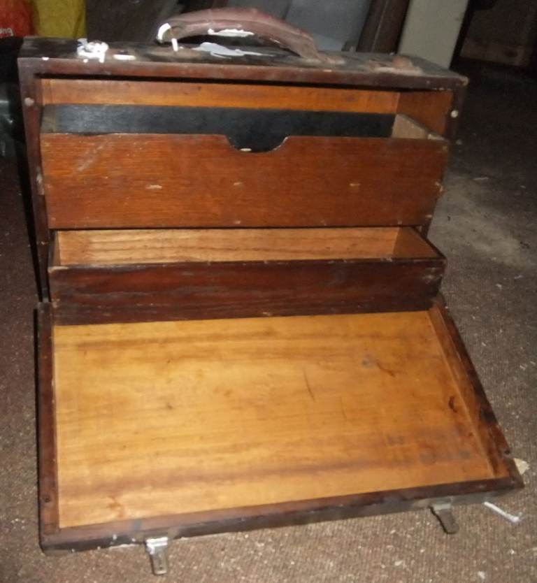 RARE, ANTIQUE SOLID HAND-MADE WOODEN TOOLBOX / CABINET +DRAWERS & A FEW TOOLS - USED