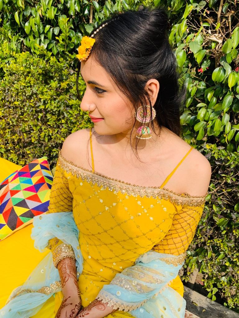 Designer Mehndi Outfit – Yellow Kameez with Mint Sharara & Dupatta – Eid Ready