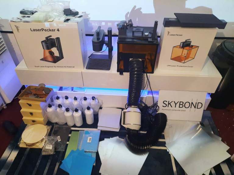 Laserpecker 4 Dual Engraver with slide extension, rotator and custom fume extractor and materials