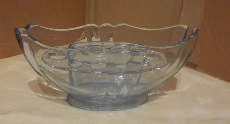 Art Deco Blue Oval Glass Vase with Frog (21cm long x 9cm wide x 9cm tall)