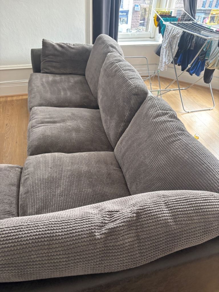 Grey Corduroy Corner Sofa – Good Condition from a pet Free / Smoke free home 