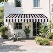 PATIO AWNING SUNSHADE CANOPY, 3m x 2.5m RETRACTABLE, WATERPROOF, GREEN BAY, BLUE WHITE STRIPE VGC