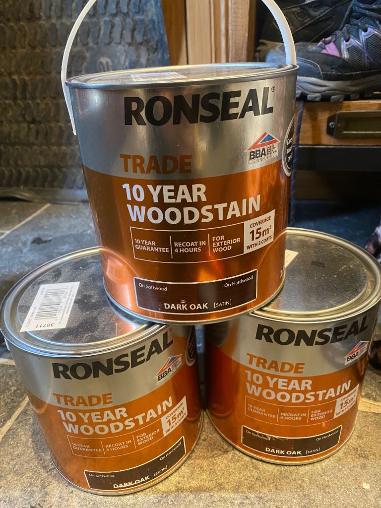 3 x 2.5 litre tins of Ronseal Trade 10 Year Woodstain, Dark Oak Satin 