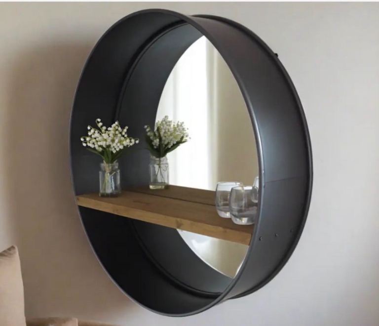 Industrial mirror with wooden shelf