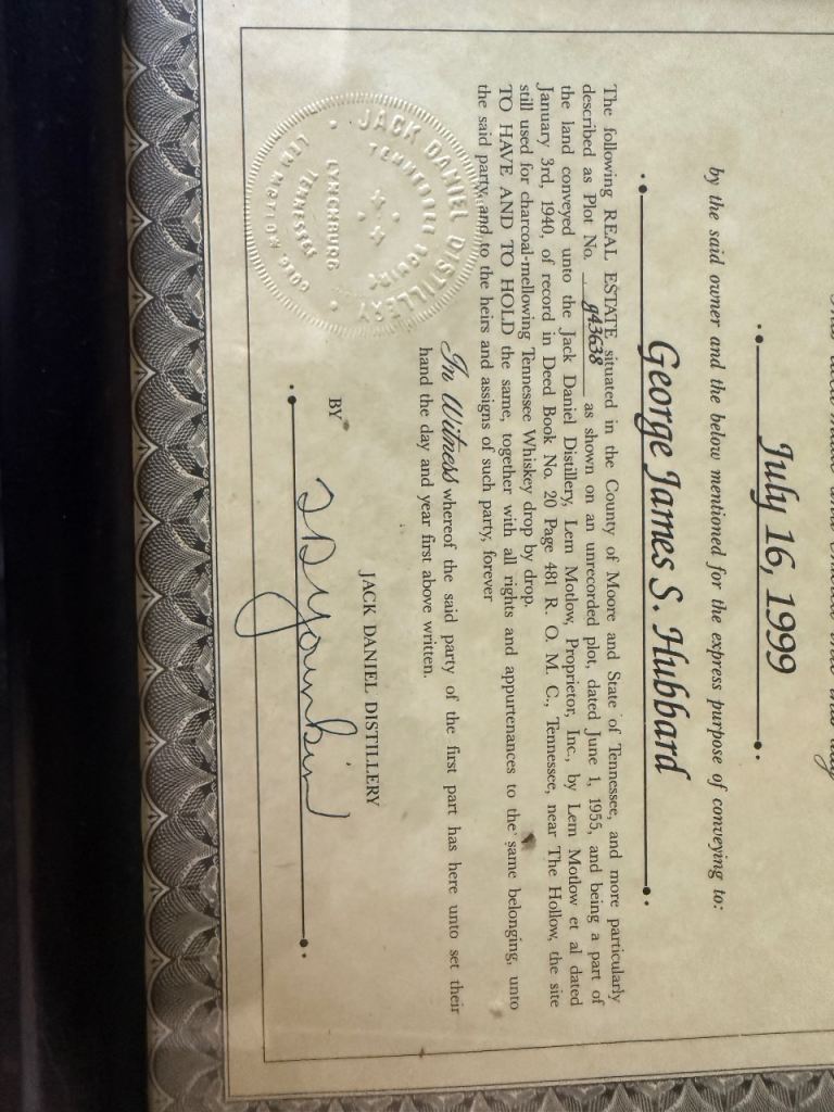 Vintage Jack Daniel’s Tennessee Squire Deed 1999 Framed Certificate Lynchburg Whiskey Bar Decor