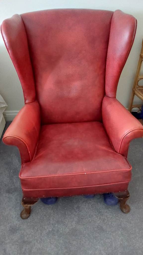 Antique Red Parker knoll vinyl wing back chair