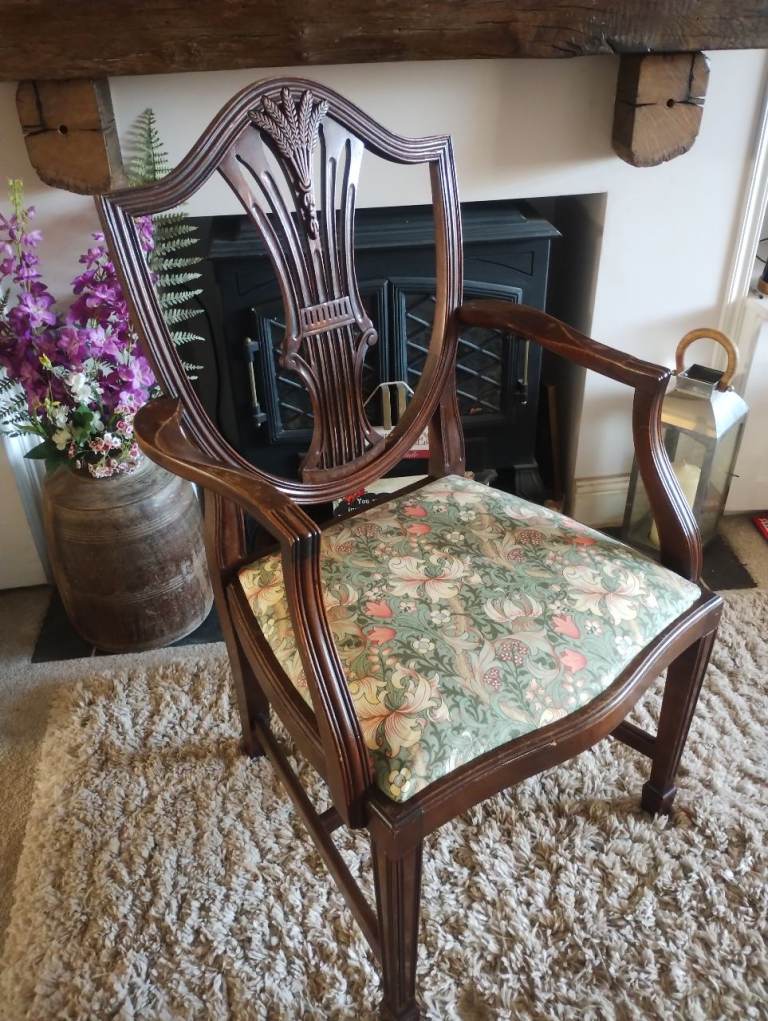 Antique Chippendale Hepplewhite Style Wooden Carver Chair with William Morris Fabric