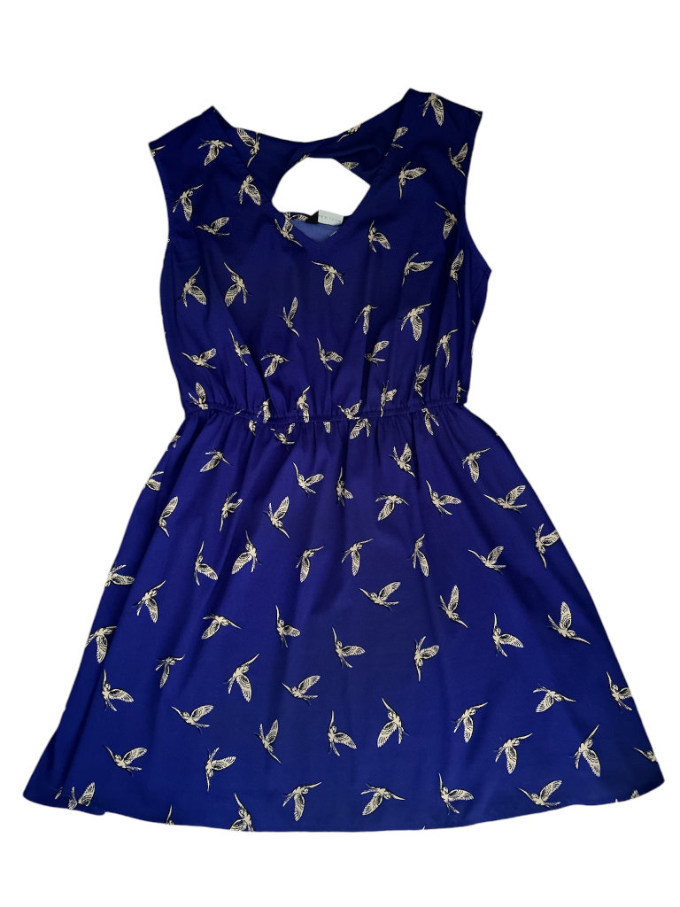 Womens New Look Sleeveless Shirred Dress Royal Blue With Bird Print Size 14