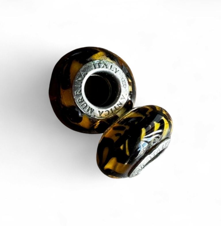  2 Genuine 925 Silver Antica Murrina Italy Glass Charm Beads Brown with Black Swirl 