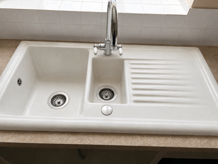 Ceramic over mount sink with built in drainer and tap