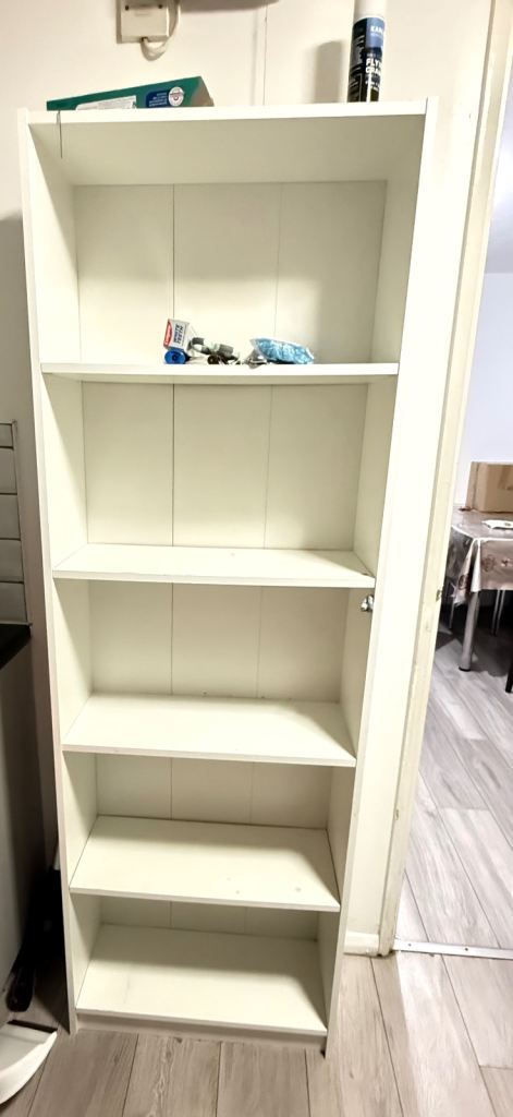 2 Tall White Bookcase with 5 Shelves – Good Condition