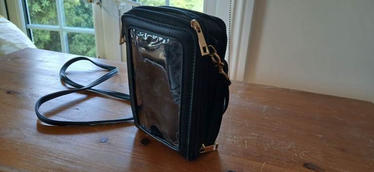 Black Leather Mobile Phone Crossbody Bag with Clear Window
