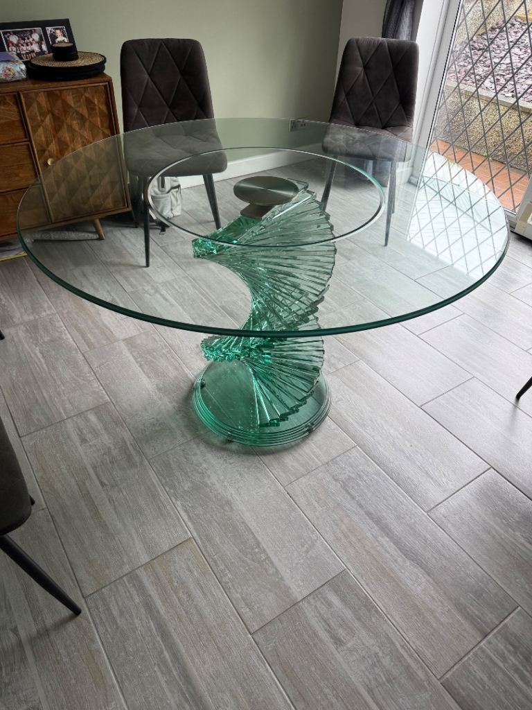 Glass Dining Table with Spiral Base – Modern Design, Good Condition
