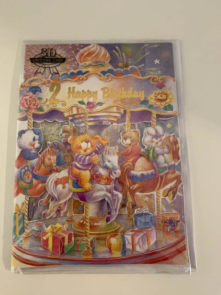 2nd Birthday 3D Greeting Card – Teddies On Carousel Design