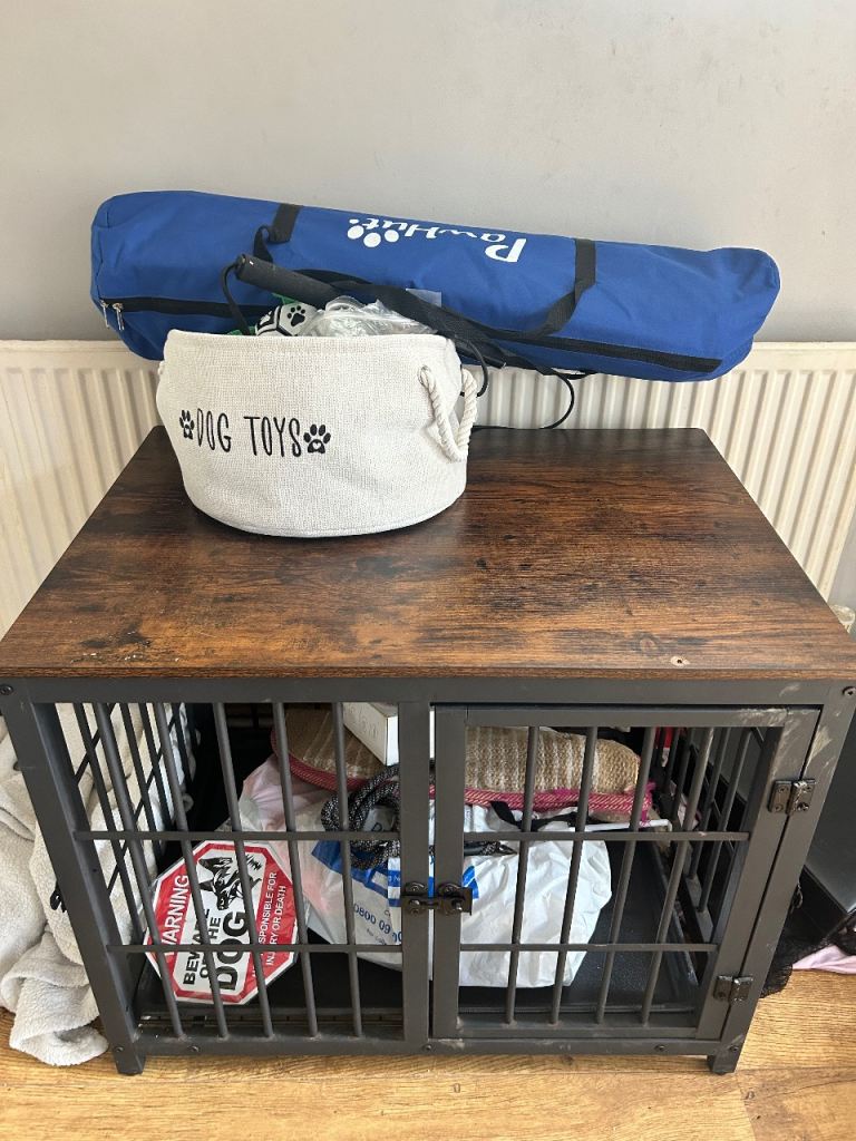 Dog cage and lots of accessories/treats 