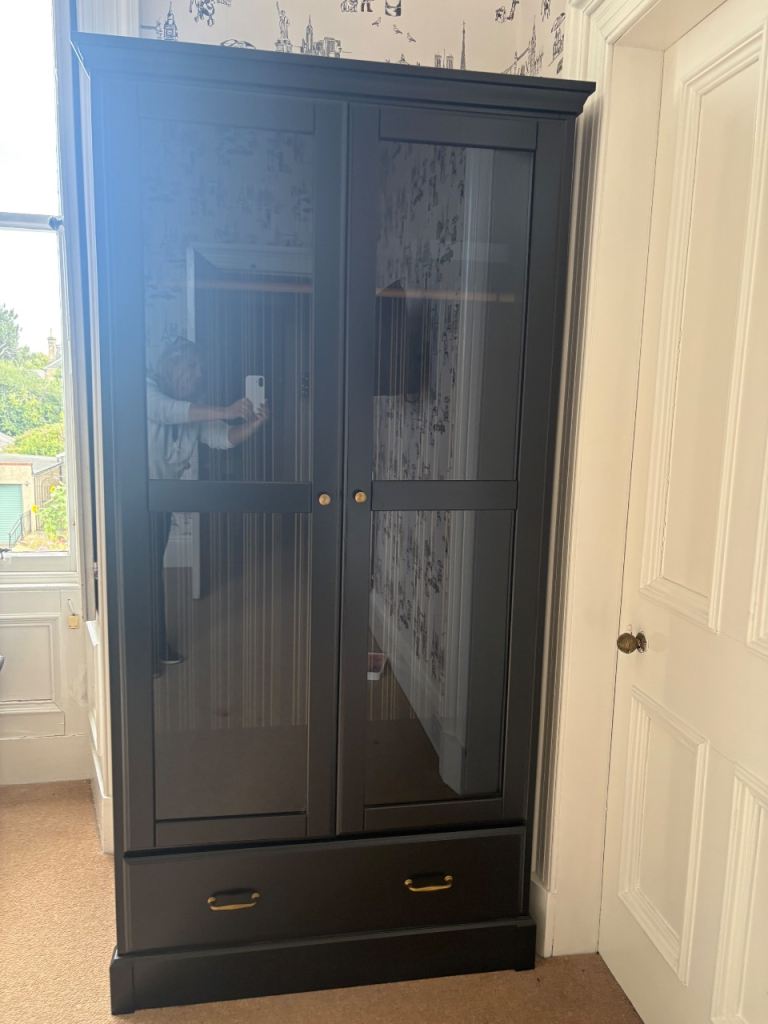 Black Wooden Wardrobe with Glass Doors and Drawer
