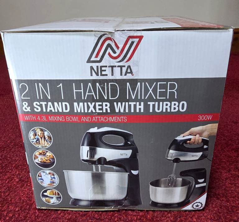 NETTA 2 in 1 Hand & Stand Mixer 4.3L Stainless Steel Mixing Bowl 300W Black and Stainless Steel
