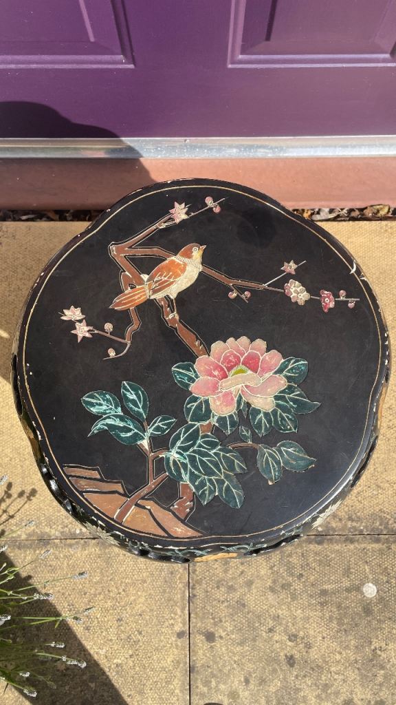 Table Black / Pot Stand, Lacquered Oriental Table with Bird &  fl