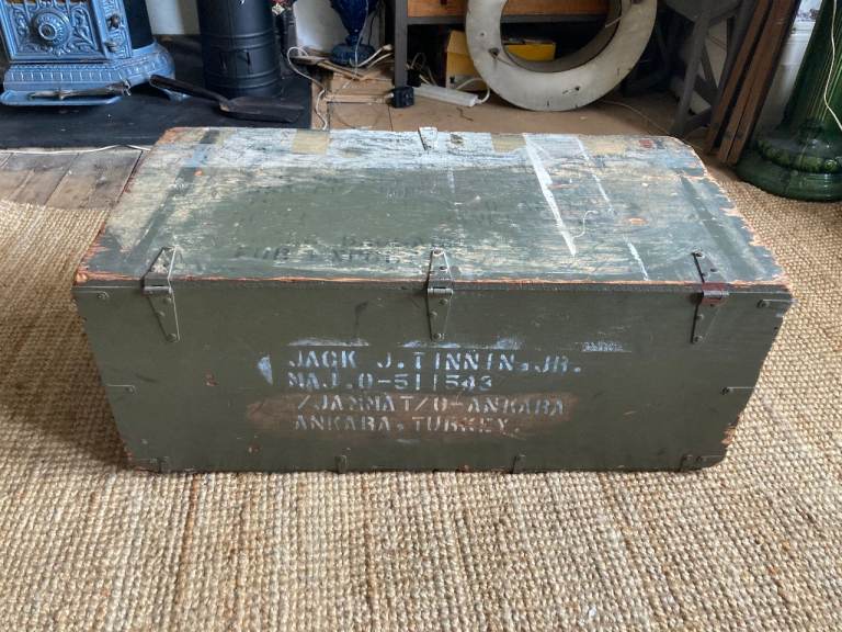Storage box, chest, wooden, vintage army style, green with stencilled letters