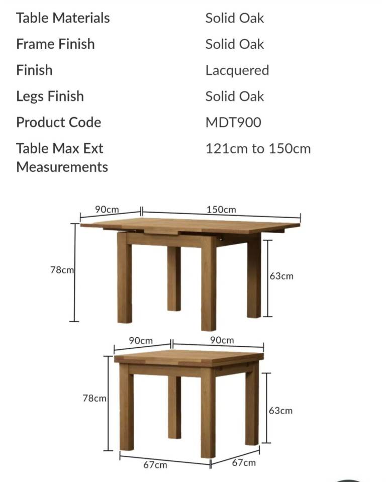 Set of 4 solid oak dining chairs plus Buxton oak dining table wuth extension panel 