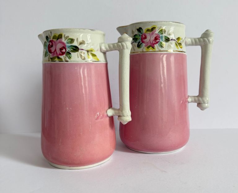 Vintage English Pink Lusterware Rose Pitcher Jugs – Matching Pair