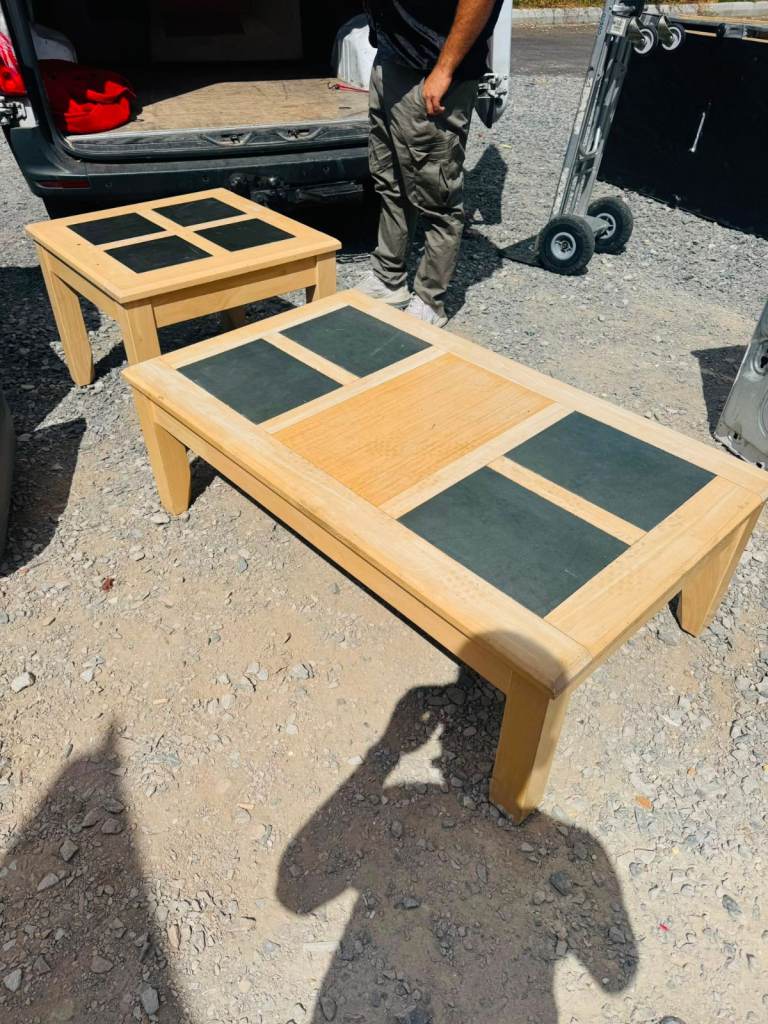 Pair of Wooden Coffee Tables with Slate Inserts