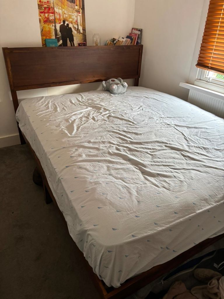 Queen Size Wooden Bed Frame + Mattress + Mattress Support Pad 