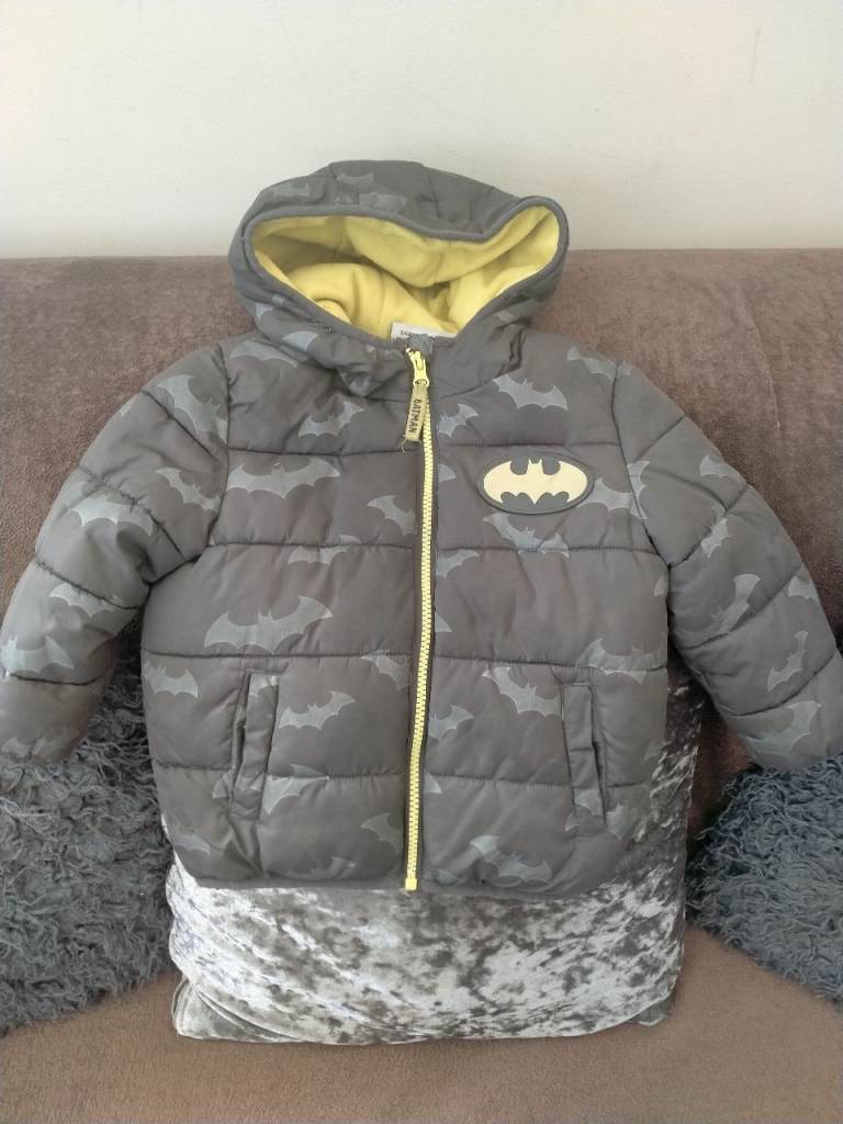 Kids Batman Puffer Jacket – Grey with Yellow Lining, Good Condition