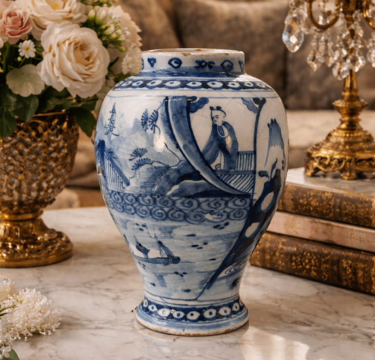 A Circa 1700 Dutch Delft Chinoiserie Blue & White Vase Antique Faience Delftware